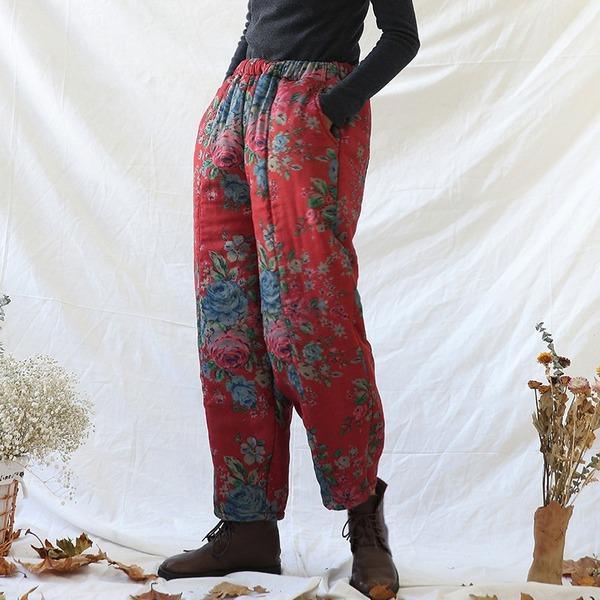 2020 Winter Print Floral Plus Cotton Pants Elastic Waist Red Pockets Warm Trouser - Omychic