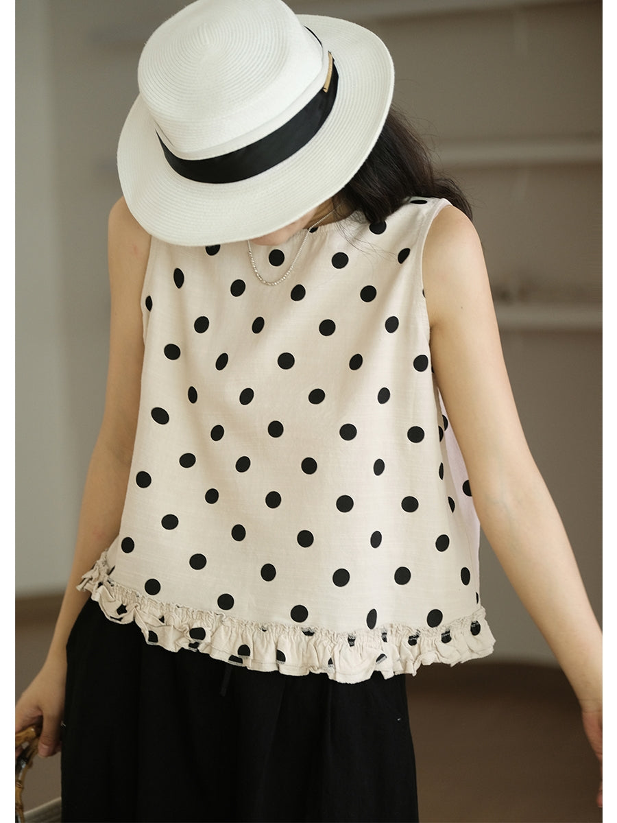 Polka Dot Lacework Hem Loose Cotton Vest