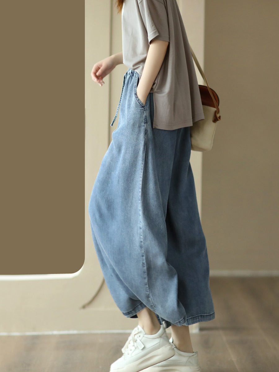 Casual Solid Washed Drawstring Wide-leg Denim Pants