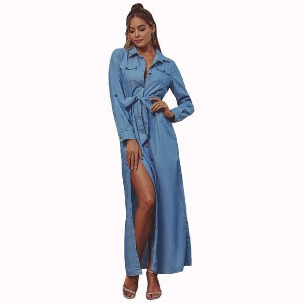 omychic plus size sexy Split for women casual loose maxi long autumn denim shirt dress - Omychic