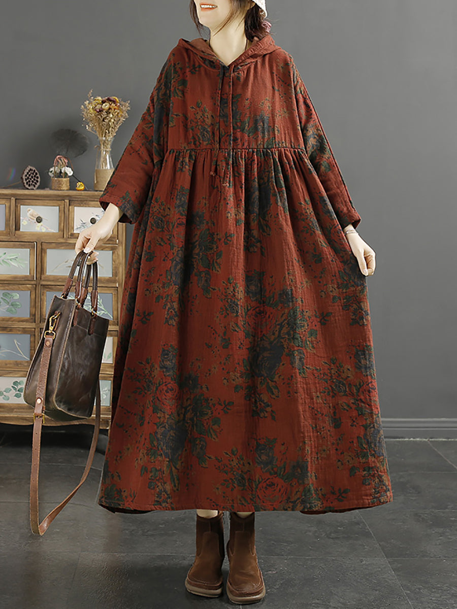 Loose Retro Floral Shirred Hooded Dress Long Sleeve