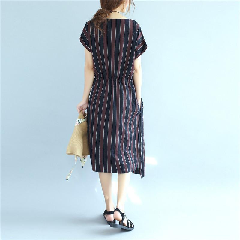 Stripe Women Loose Summer Irregular Splitting String Wine Red Dress - Omychic