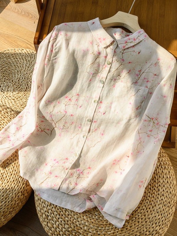 Ramie Floral Print Casual Loose Shirt Long Sleeve