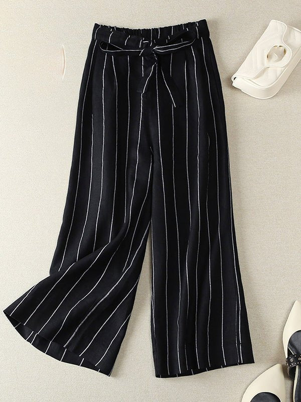 Loose Casual Linen Lace-up Elastic Striped Pants