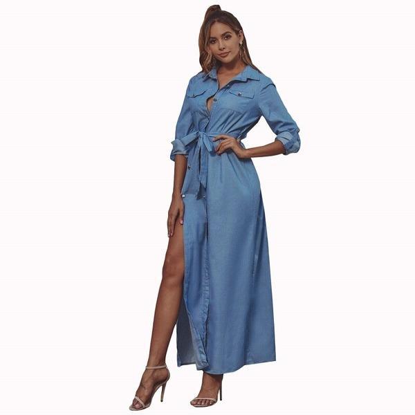 omychic plus size sexy Split for women casual loose maxi long autumn denim shirt dress - Omychic