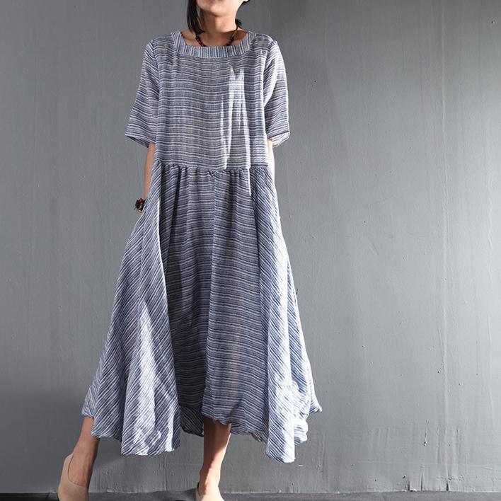 blue striped linen summer maxi dresses layered plus size sundress casu ...