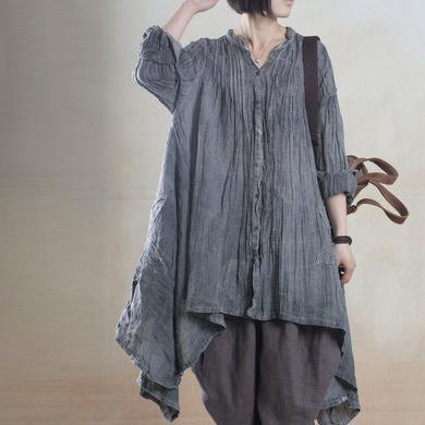 fall gray linen dresses half sleeve asymmetiral originally desgined plus size spring dress - Omychic