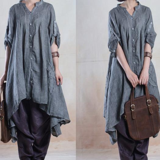 fall gray linen dresses half sleeve asymmetiral originally desgined plus size spring dress - Omychic