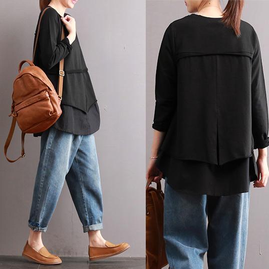 2017 stylish black layered  cotton blouse patchwork oversize casual long sleeve tops - Omychic