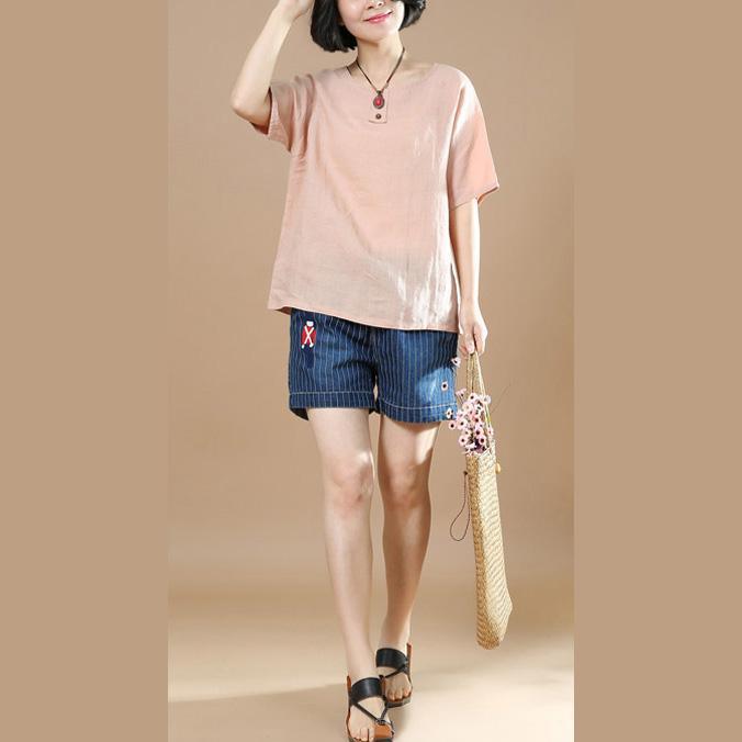 2018 brief fashion pink linen t shirt loose casual tops - Omychic