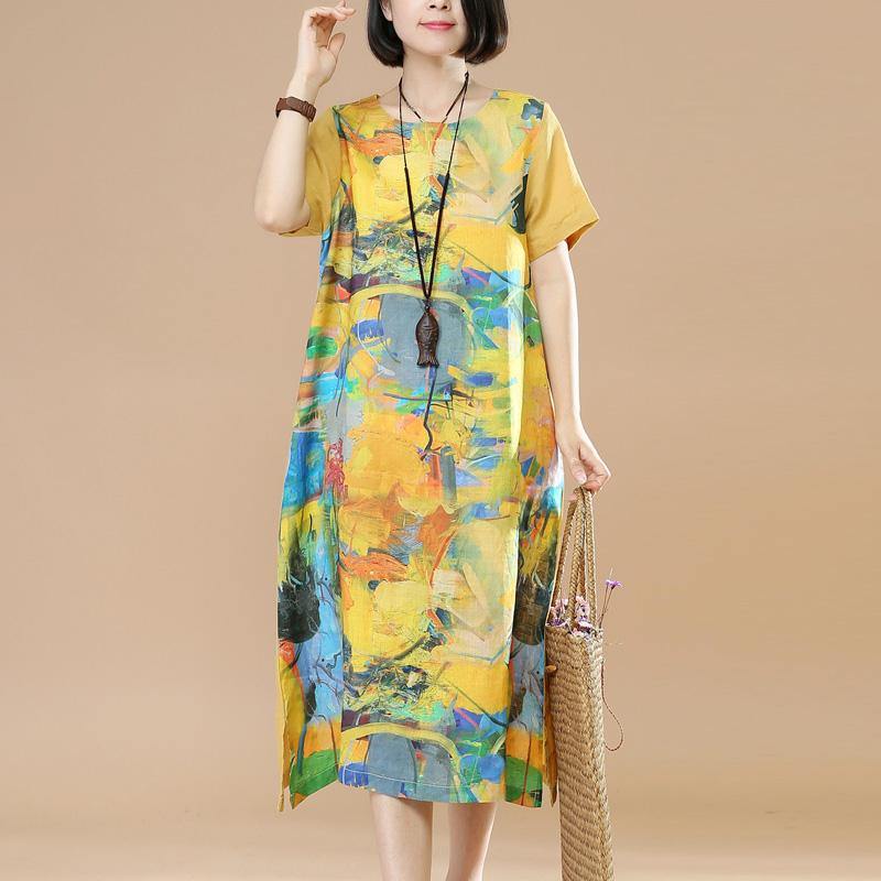 2018 yellow pirnts linen dresses plus size vintage sundress short sleeve maxi dress - Omychic