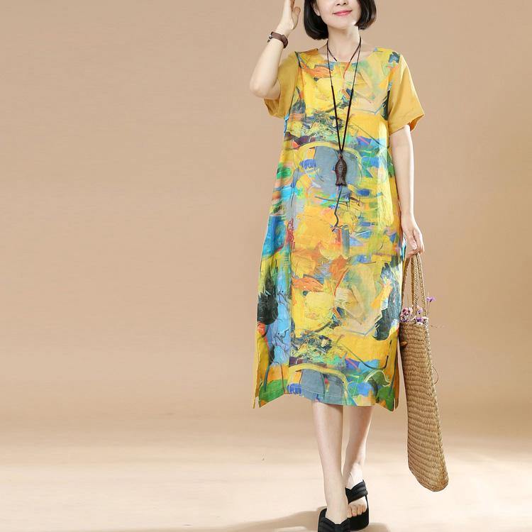 2018 yellow pirnts linen dresses plus size vintage sundress short sleeve maxi dress - Omychic