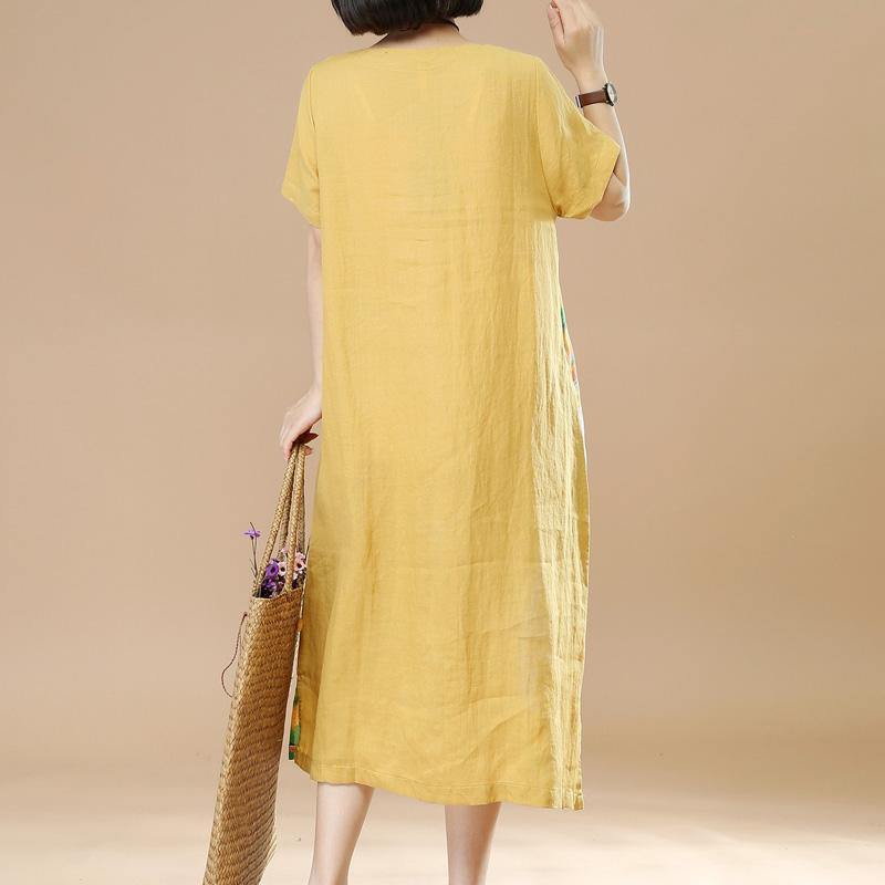 2018 yellow pirnts linen dresses plus size vintage sundress short sleeve maxi dress - Omychic