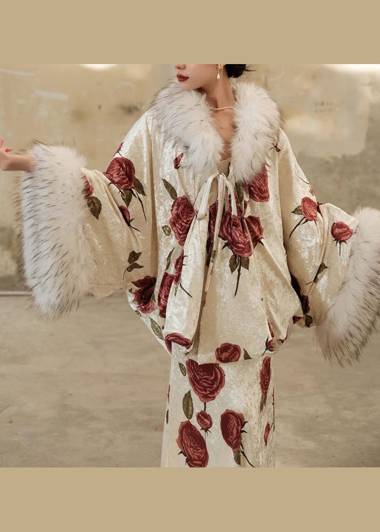 2023 Autumn New Sexy Rose Print Fur collar Silk Dress Two Piece Set