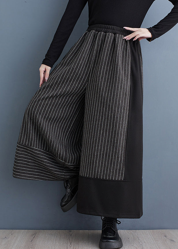 2024 New Black Striped Patchwork Elastic Waist Woolen Wide Leg Pants Spring