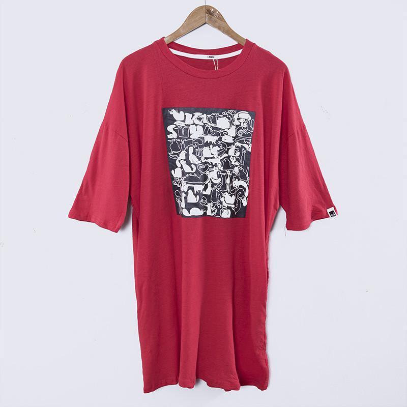 Round Neck Printing Casual Loose Red Dress - Omychic