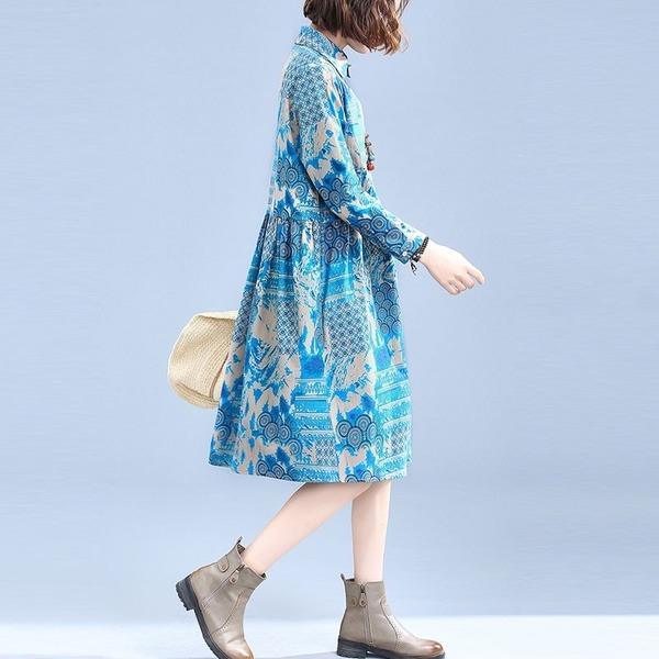 New 2020 Autumn Vintage Print Peter Pan Collar Knee-length Ladies Elegant A-line Dresses - Omychic