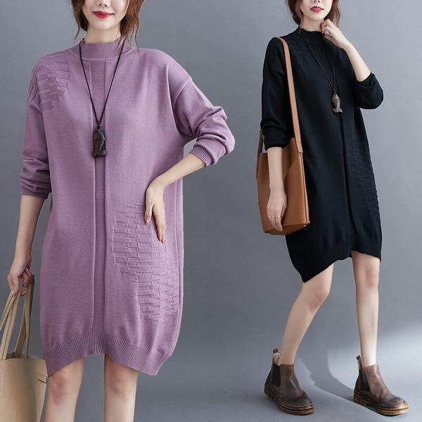 omychic plus size knitted vintage women causal loose midi autumn winter sweater dress - Omychic