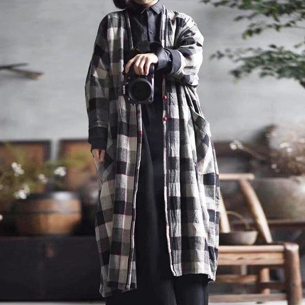 Women Cotton Linen Trench Vintage Coats Pockets Plaid Long Sleeve Casual Women Cloths V-neck Trench - Omychic