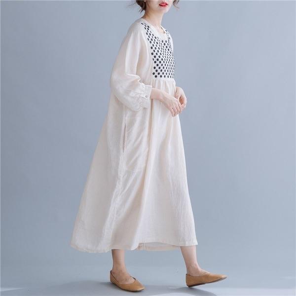 omychic cotton linen vintage embroidery plus size women casual loose spring autumn dress - Omychic