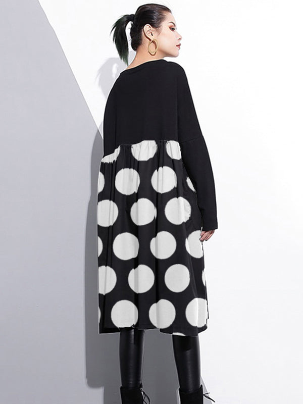 Black&White Polka-Dot Split-Joint Midi Dress