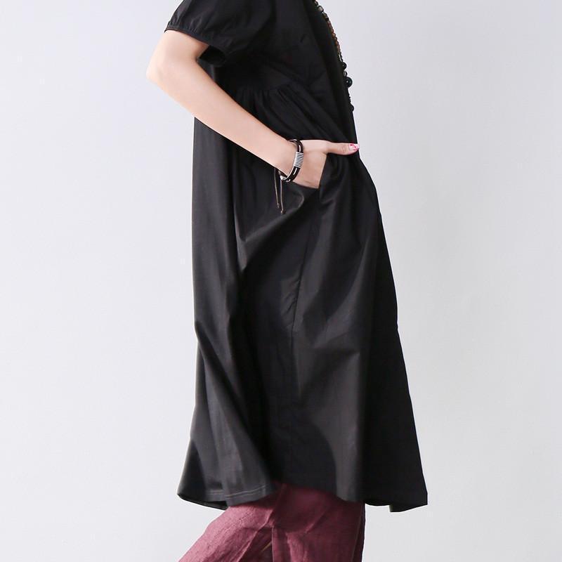 Folded Women Splicing Summer Loose Cotton Black Shirt Dress - Omychic