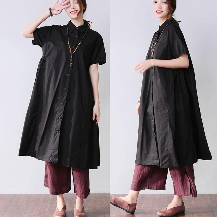 Folded Women Splicing Summer Loose Cotton Black Shirt Dress - Omychic