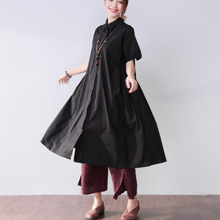 Folded Women Splicing Summer Loose Cotton Black Shirt Dress - Omychic