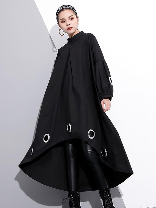 Black Loose High-Low Hollow A-Line Dress