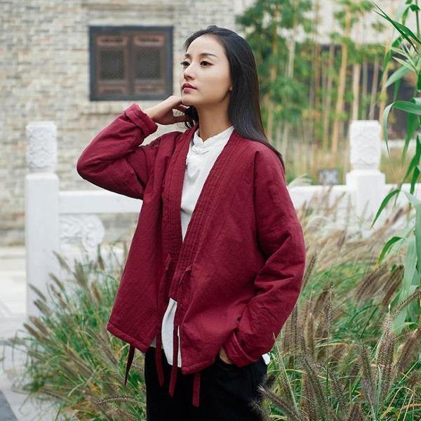 2020 Autumn Winter Cotton Linen  Cotton Coat Simple Comfortable All-match Women Lace Up Coat - Omychic