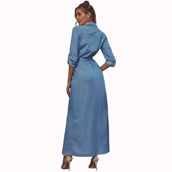 omychic plus size sexy Split for women casual loose maxi long autumn denim shirt dress - Omychic