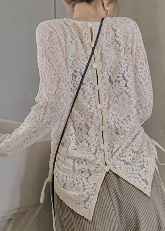 Art Apricot O-Neck Patchwork Drawstring Silk Velour Lace Top Long Sleeve