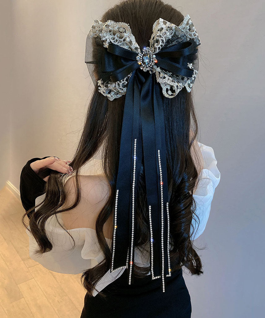 Art Black Alloy Zircon Tulle Bow Tassel Hairpin