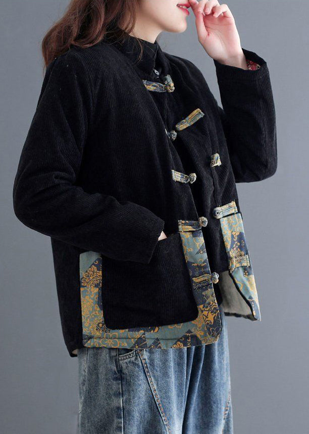 Art Black Chinese Button Patchwork Warm Fleece Coat Outwear Winter