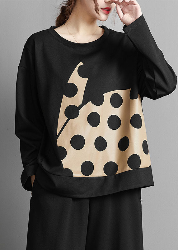 Art Black O-Neck Dot Print Patchwork T Shirt Fall