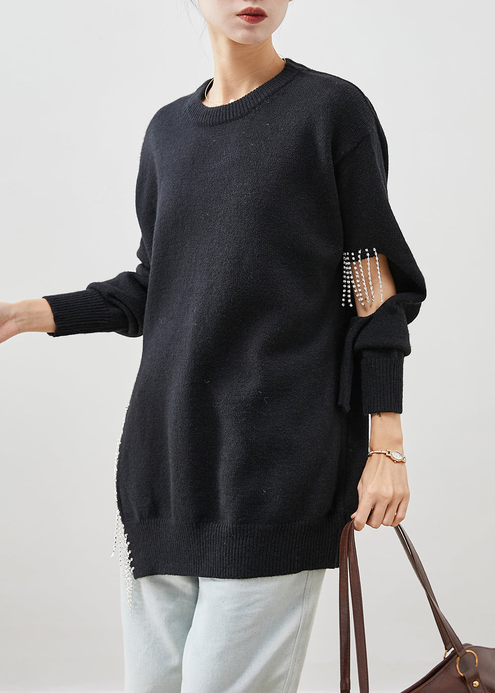 Art Black Tasseled Hollow Out Side Open Knit Top Winter