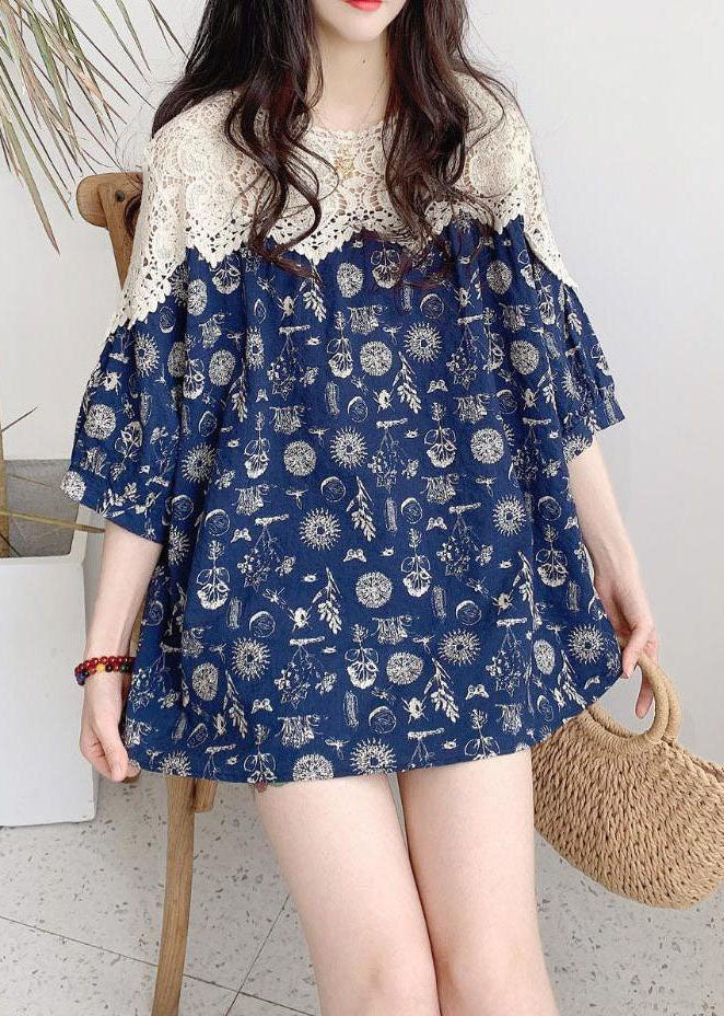 Art Blue Print Hollow Out Lace Patchwork Cotton Blouse Tops Summer