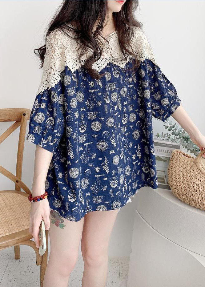 Art Blue Print Hollow Out Lace Patchwork Cotton Blouse Tops Summer