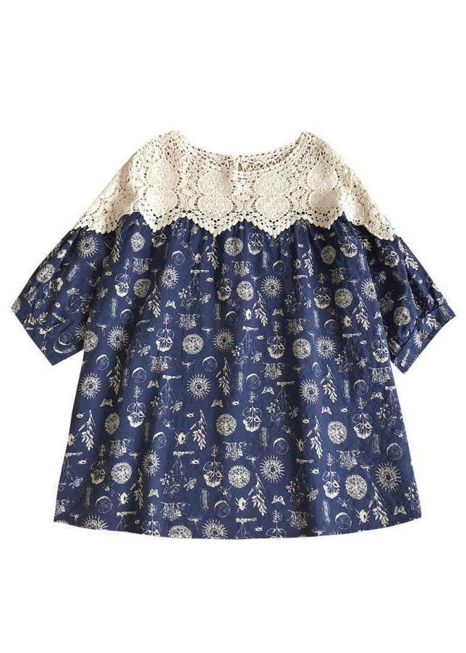 Art Blue Print Hollow Out Lace Patchwork Cotton Blouse Tops Summer