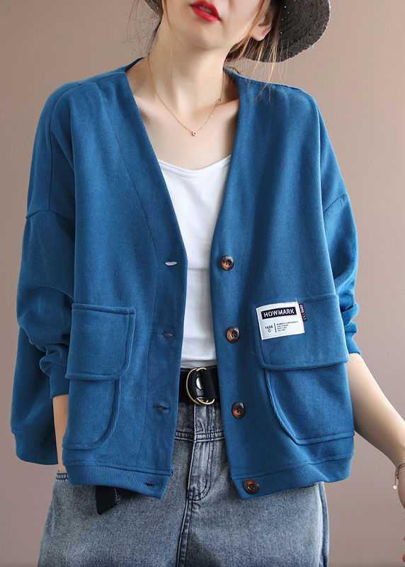 Art Blue V Neck Pockets Button Fall Long sleeve Coat - Omychic