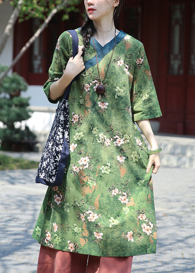 Art Green V Neck Print Patchwork Cotton Dress Half Sleeve