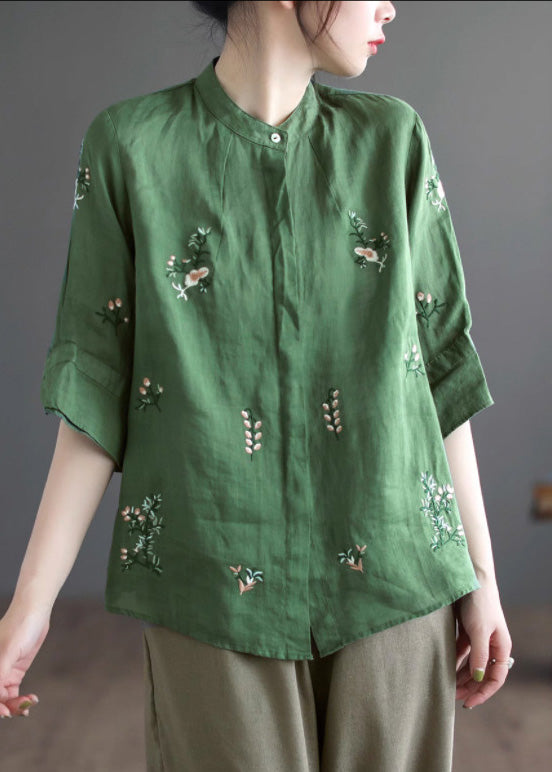 Art Khaki Embroidered Floral Button Ramie Shirt Half Sleeve