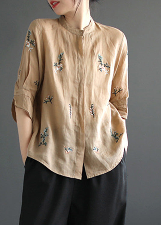 Art Khaki Embroidered Floral Button Ramie Shirt Half Sleeve