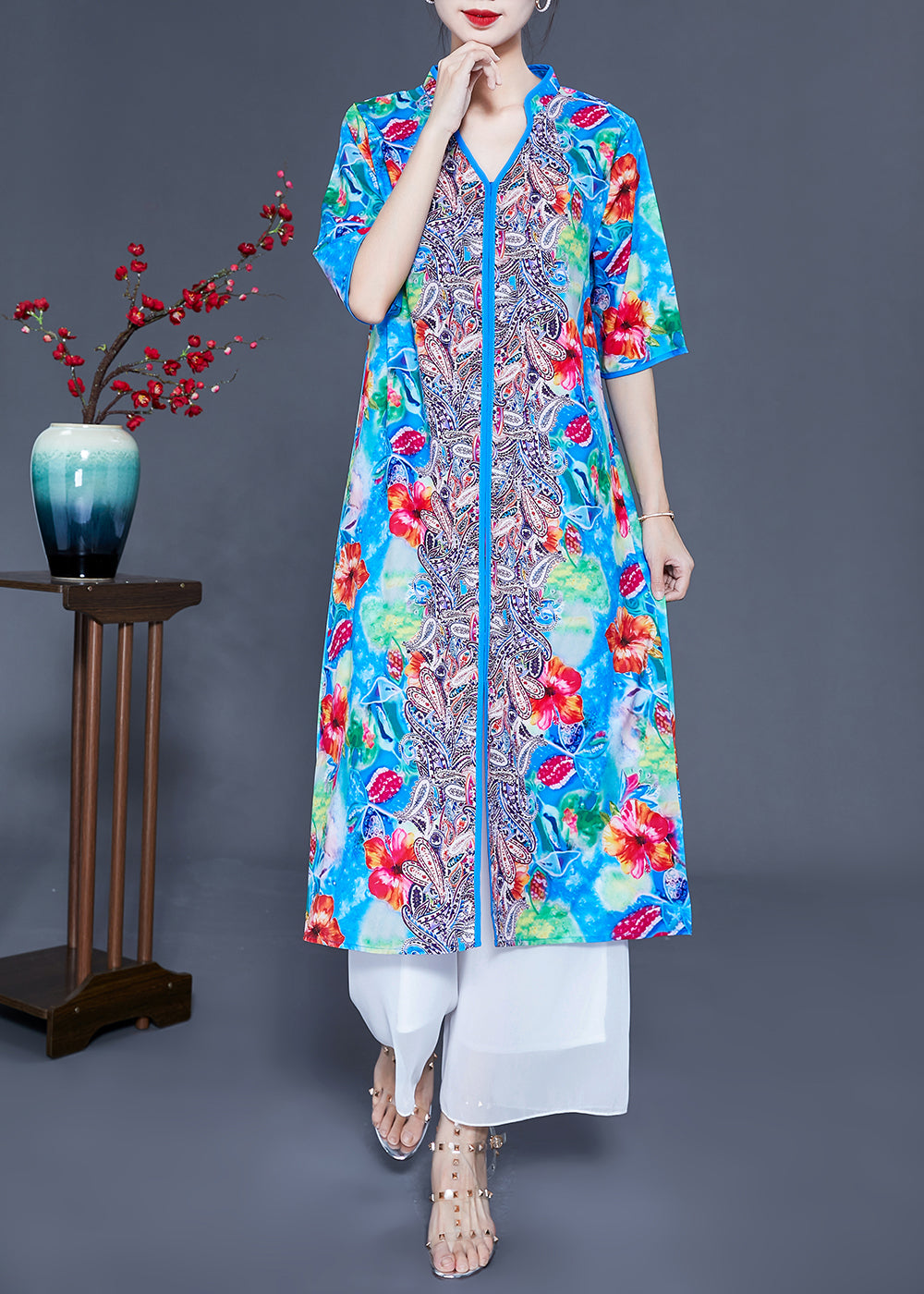 Art Light Blue V Neck Patchwork Print Side Open Silk Beach Dresses Summer