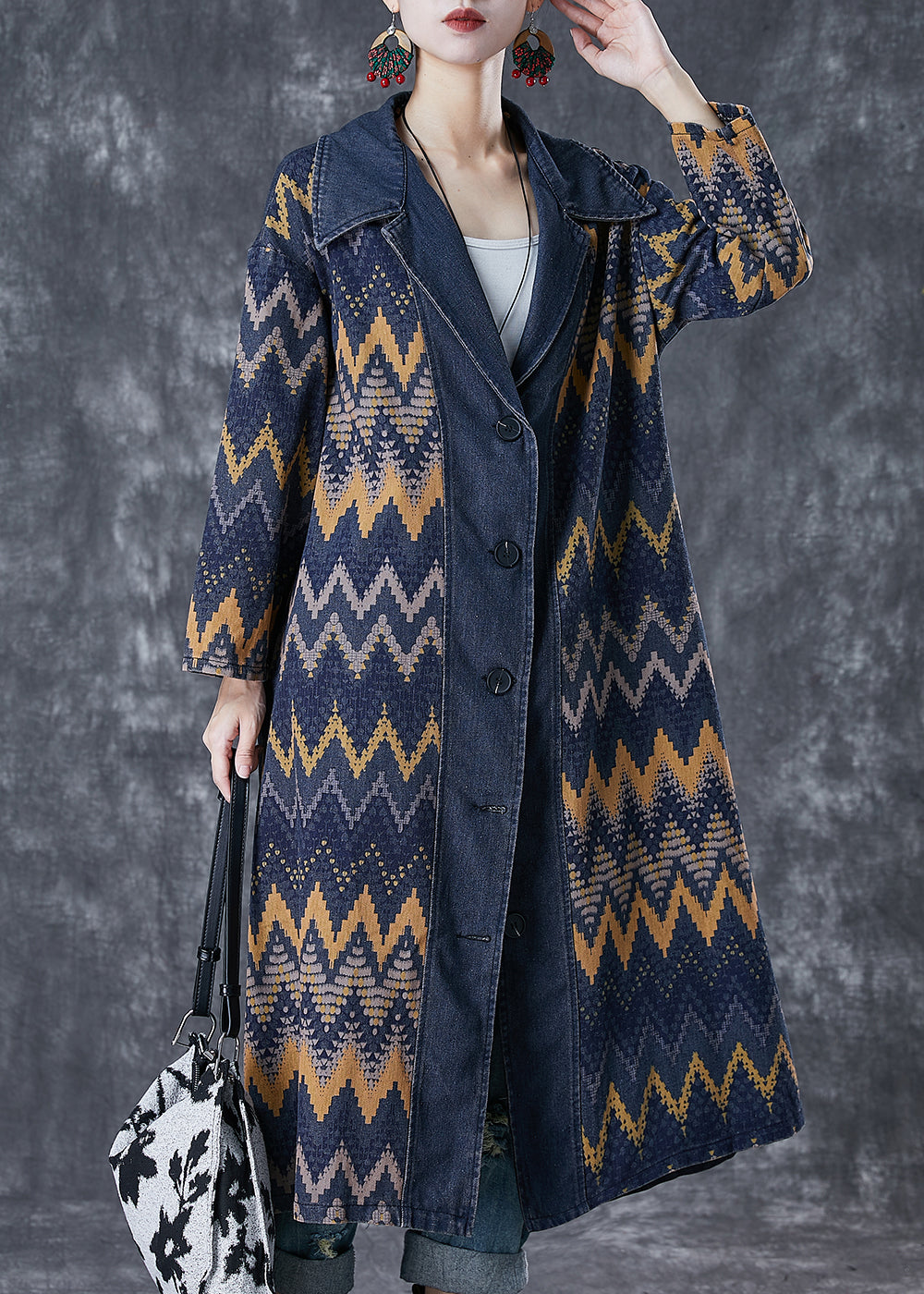 Art Navy Oversized Print Denim Coat Outwear Fall