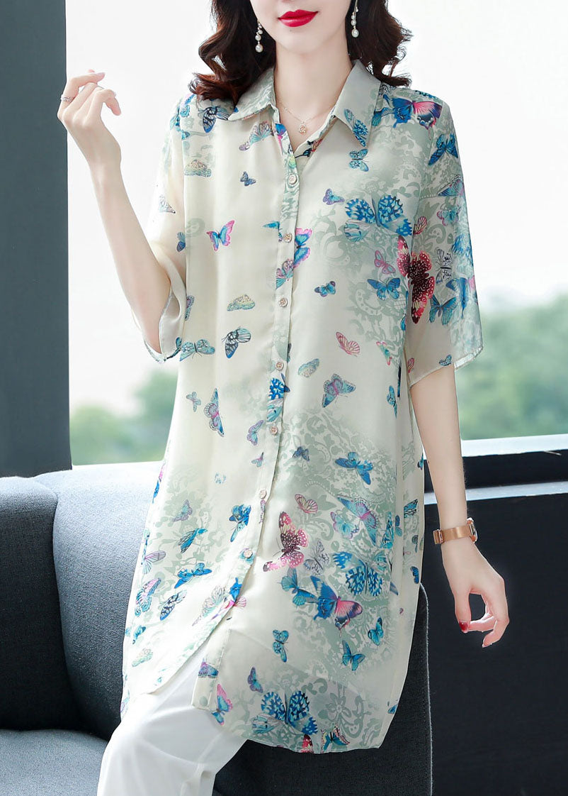 Beautiful Apricot Peter Pan Collar Butterfly Print Chiffon Shirts Top Summer