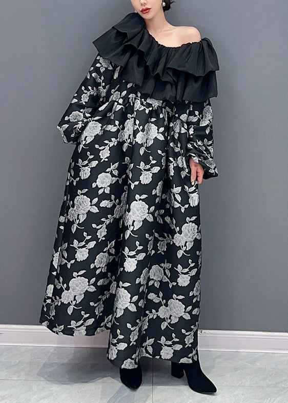 Beautiful Black Ruffled Print Patchwork Cotton Long Dress Fall