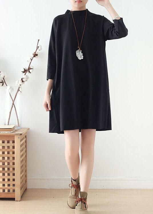 Beautiful Black zippered Cotton Long sleeve Pockets Fall Dress - Omychic