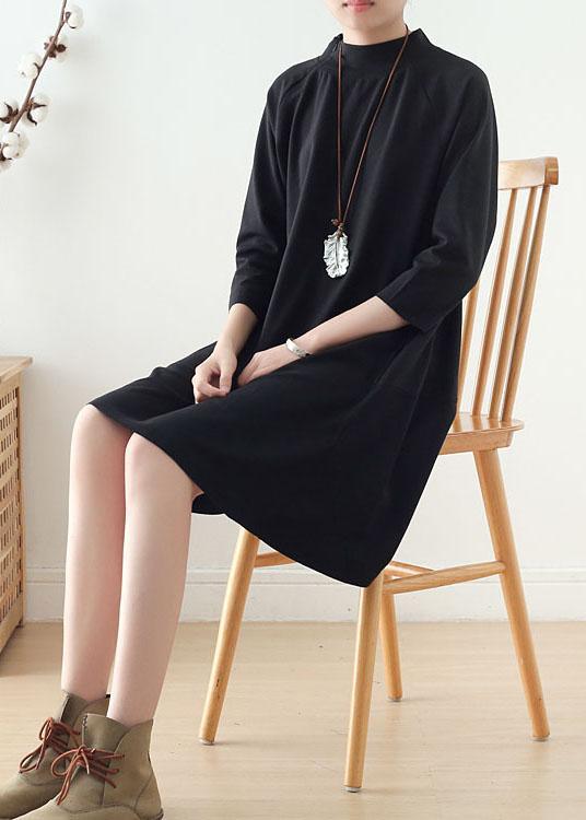 Beautiful Black zippered Cotton Long sleeve Pockets Fall Dress - Omychic