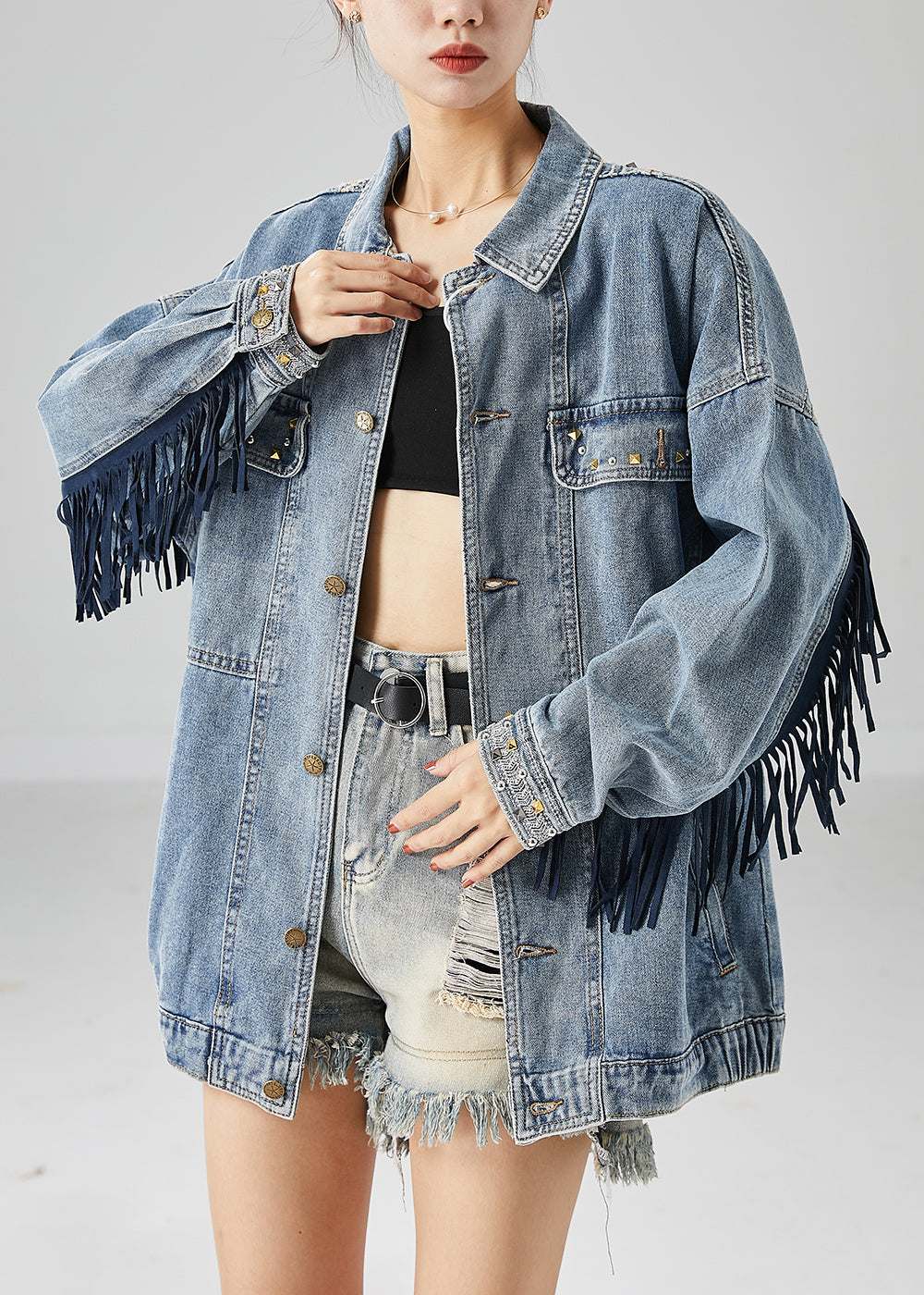 Beautiful Blue Embroidered Patchwork Tasseled Denim Coats Fall